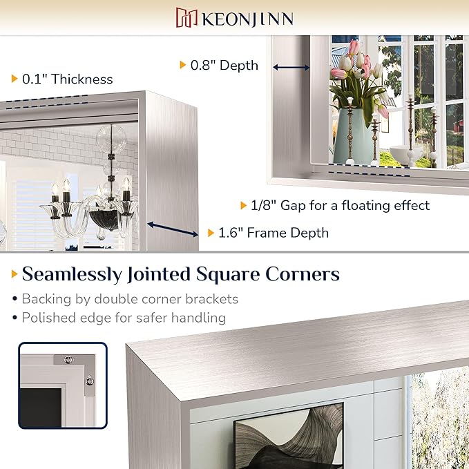 Keonjinn Brushed Nickel Bathroom Mirror 60 x 40 in Rectangle Frame Mirror for Over Sink, Rectangular Metal Framed Vanity Mirror Square Corner Aluminum Alloy Modern Silver Mirror(Horizontal/Vertical)