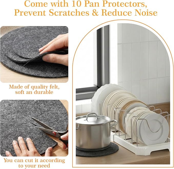 2 Pack Expandable Pots and Pans Organizer Under Cabinet, 13-22" Kitchen Cabinet Organizer with 10 Adjustable Dividers and 10Pcs Pot Protectors for Lids, Baking Sheets & Cookware (2, White)