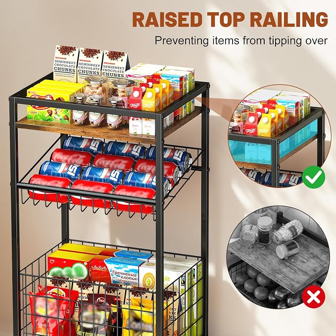 Fruit Vegetable Cart, 3-Tier Snack Cart on Wheels & Wood Top, Brown | Vegetable Rack For Kitchen, Kitchen Cart Organizer for Fruit, Vegetables, Potato, Snack