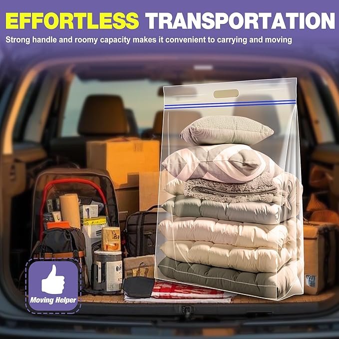 25 Gallon Jumbo Storage Bags, 35" x 24" Clear Plastic Zipper Bags with Handles, Extra Heavy Duty Large XL for Travel, Moving, Clothing, 12 Packs