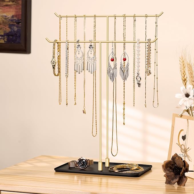 Necklace Holder Stand,Metal Jewelry Organizer for Home Decor,Black and Gold | Modern Design,Easy Assembly,Non-Slip EVA Pads,Gift for Woman,Necklace Display for Bedroom,Vanity and Dresser