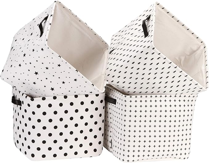 Sea Team Collapsible Canvas Fabric Storage Basket with Handles, Square Storage Box, Cube, Foldable Shelf Basket, Closet, Desk Organizer for Nursery, Home, Office (Black, Set of 4)