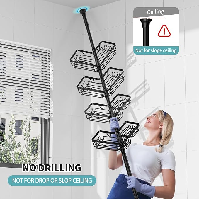 KEGII Corner Shower Caddy Tension Pole with Toothbrush Holder | Adjustable Shower Organizer with Soap Holder and Hooks, No Drilling Rustproof Bathroom Shelf Storage Rack, Fits 25-114.2 Inch