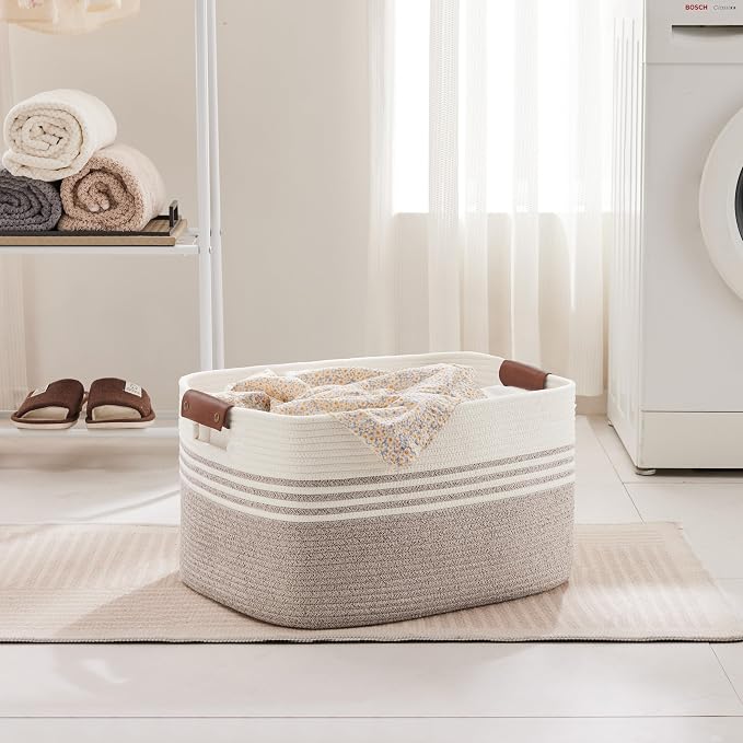 60L Woven Laundry Basket Hamper with Leather Handles,Brown | 21"x15"x11", collapsible wicker hamper, storage for dirty clothes, toys, blankets, gifts, living room, bedroom, bathroom