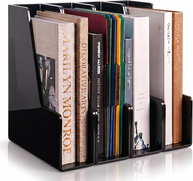 LALOBLUE 4 Pack Black Vertical Magazine File Holder Desk Organizer Bins | Plastic, Holds Magazines, Binders, Notebooks, Envelopes, 4 Pack Black Vertical Magazine File Holder Desk Organizer Bins