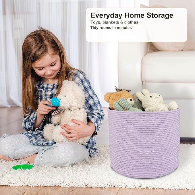 XUANGUO Cotton Rope Woven Basket, 16x14 in Kids Laundry Basket, purple | Round blanket basket and small laundry basket; baby hamper or nursery storage bin for girls, boys, toys, clothes and shoes