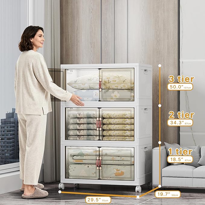 UAMFURI Stackable Storage Bins with Lids, 672QT Closet Organizers and Storage with Doors and Wheels, Extra Large Storage Cabinet, Collapsible Plastic Drawers for Bedroom Dorm Office Garage