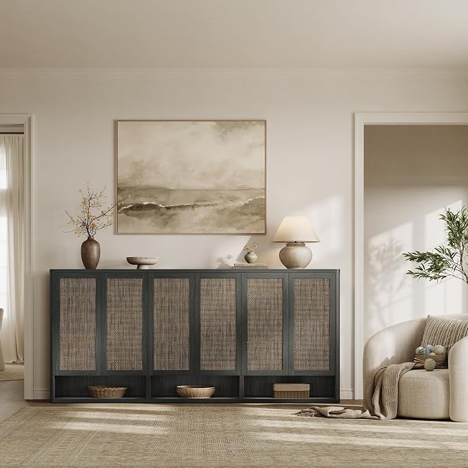 SICOTAS 96.8" Wide Tall Rattan Shoe Storage Cabinet for Entryway with Doors | Rattan Shoe Cabinets with Doors, Space Saving Free Standing Tall Shoe Cabinet Storage Organizer for Entryways, Hallway, Home