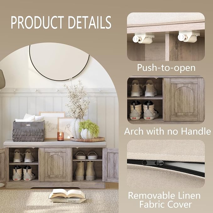 DINZI LVJ Shoe Bench, Entryway Storage Bench with Doors, Cushion, 2-Tier Shoe Rack with 6-Cubby, 39.4”L x 13.8”W Shoe Organizer Cabinet, Adjustable Shelf, Living Room, Bedroom, Greige