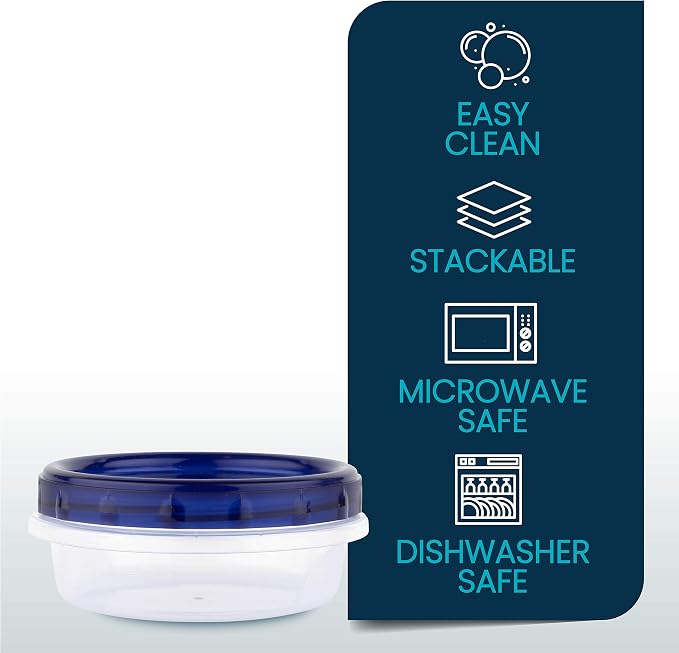 PLASTICPRO [8 oz 96 Pack] Twist Top Deli Containers Clear bottom With blue Top Twist on Lids Reusable, Stackable, Food Storage Freezer Container Pack of 96