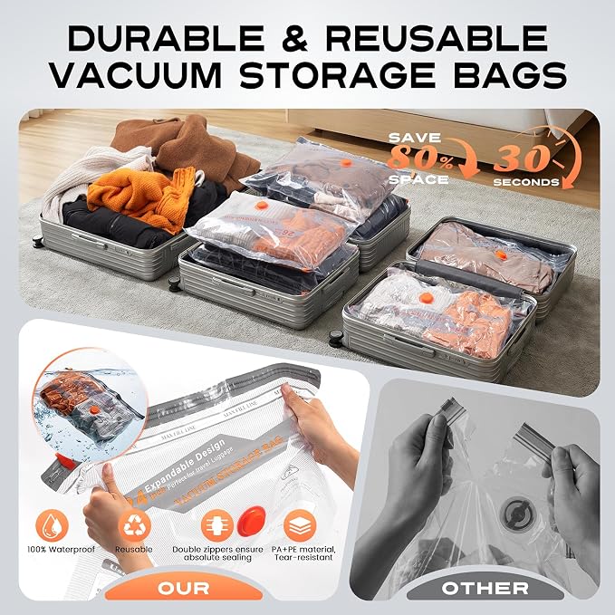 15 Combo Travel Vacuum Storage Bags with Portable Cordless Electric Pump | Vacuum Seal Bags for Clothing and Suitcase, Airtight Triple Seal, Save 80% Space, Cruise Vacations, Bedding, Seasonal Storage