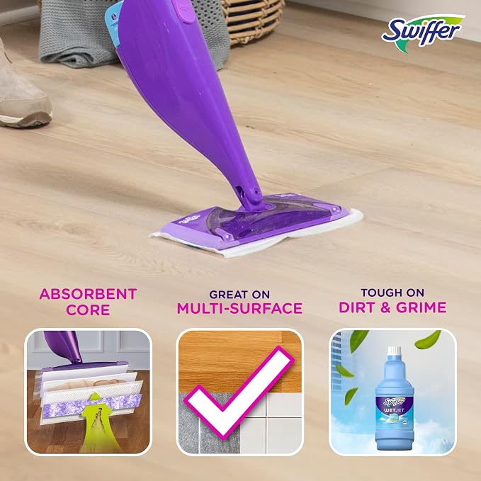 Swiffer WetJet Hardwood Floor Cleaner Spray Mop Pad Refill, Bathroom Cleaning Supplies, Hardwood Floor Cleaner, Multi Surface, 24 Count (Pack of 2)