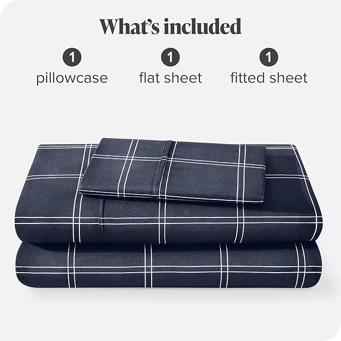 Bare Home Twin XL Sheet Set - Luxury 1800 Ultra- Soft Double Brushed Microfiber - Deep Pockets - Easy Fit - 3 Piece Bedding Sheet Set Bedding Sheets(Twin XL, Modern Plaid - Midnight/White)