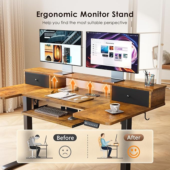 OffiGo 55 Inch U Shape Standing Desk, Keyboard Tray & Drawers, Rustic Brown | 3 Outlets & 2 USB Ports, Dual-Monitor Stand, 10 Colors & 10 LED Modes, 3 Presets, 28.3"-46.5"in Range, 154 lb Capacity