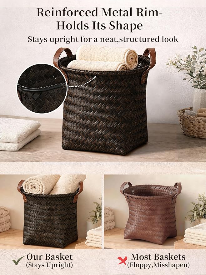 Hand Woven Baskets for Storage, 4Pcs Water-Resistant Wicker Baskets, Dark Gold Wicker Storage Baskets for Shelves, Large Basket with Handle for Organizing, Closet, Laundry, Blanket - Round