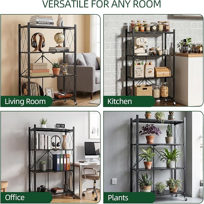4-Tier Foldable Storage Shelf with Wheels – Heavy Duty 550 LBS Capacity, Collapsible Metal Steel Rolling Rack for Garage, Kitchen, Pantry, Office – Black