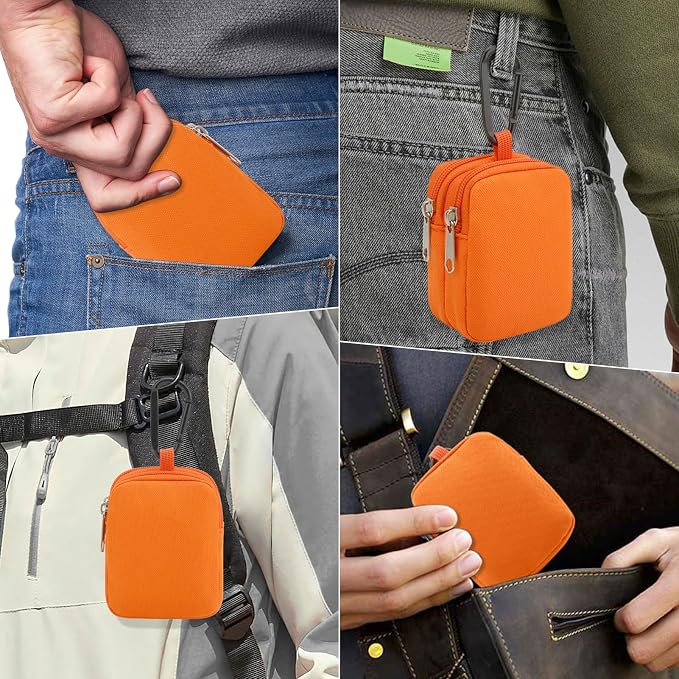 E-Tree Coin Purse with Carabiner Clip, Dual Layer Card Case Holder, Mini Pouch for AirPod Earphone Keychain USB Cable,Wallet, Small Accessories Organizer Bag for Women and Men (Orange)