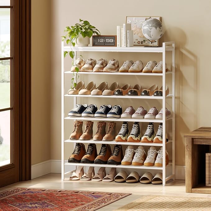 6 Tier Shoe Rack Organizer for 24-30 Pairs, Tall Metal Shoe Storage Shelf with Wood Top, Adjustable Boot Space, Narrow Design for Entryway Closet, White