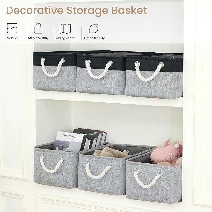 Storage Baskets for Shelves 13.8x9.8x6.7 Inch, Foldable Fabric Storage Bins with Handles, Small Storage Baskets for Organizing Closet, Office, Home Organization (3-Pack, Gray)
