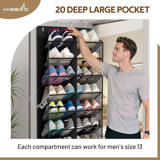 MISSLO 30 Pairs Over the Door Shoe Organizer Breathable Mesh Hanging Shoe Rack for Closet Storage with Wide Deep Pockets 10 Tier Shoes Holder Fit All the Family's Sneakers, Boots, Heels (Black, 71")