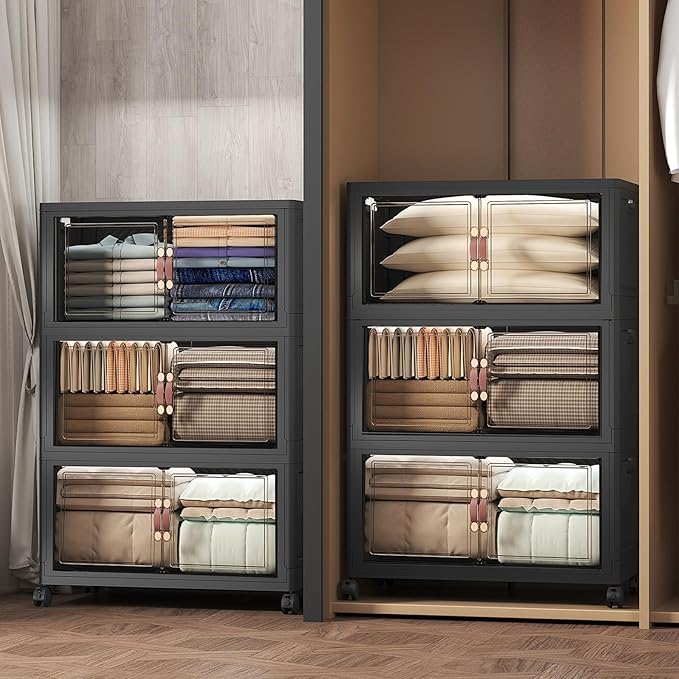 UAMFURI Extra Large Stackable Storage Bins with Lids & Wheels, Foldable Collapsible Closet Organizers Dark Storage Cabinet with Doors for Bedroom Dorm