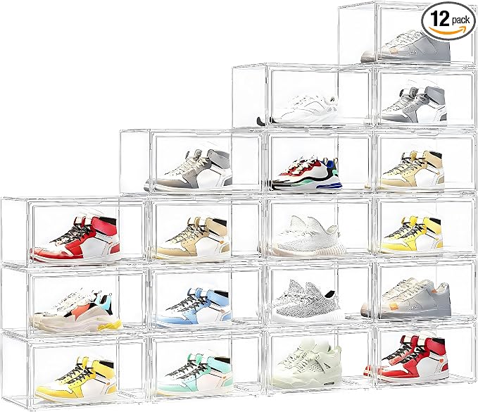 MMBABY 12 Pack Acrylic Clear Shoe Boxes– Ultra Clear Plastic Stackable Sneaker Storage For Sneakerhead. Professional Grade Shoe Display Case with Magnetic Door.Fits US Size 15