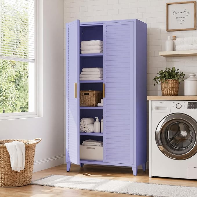 2 Door Tall Metal Storage Cabinet with 3 Adjustable Shelves,61'' Steel Locker Storage with Metal Handles and Elevated Legs,Multifunctional Storage Armoire for Home Bedroom Living Room Entryway(Purple)