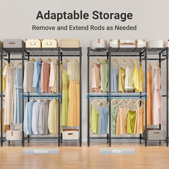 VIPEK V50 Basic Expandable Clothes Rack, Heavy Duty Closet System, Black | Freestanding, 5 Hanging Rods (2 Extendable), 6 Wire Shelves, for Bedroom or Walk-In/Reach-In Closet Storage, 1200 lb Capacity
