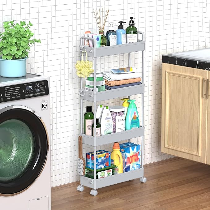 SOLEJAZZ Slim Rolling Storage Cart Skinny Bathroom Organizer, 4 Tier, Gray | Thin utility cart with wheels for bathroom, laundry room, bedside, kitchen, dorm, office, next to fridge, small narrow places