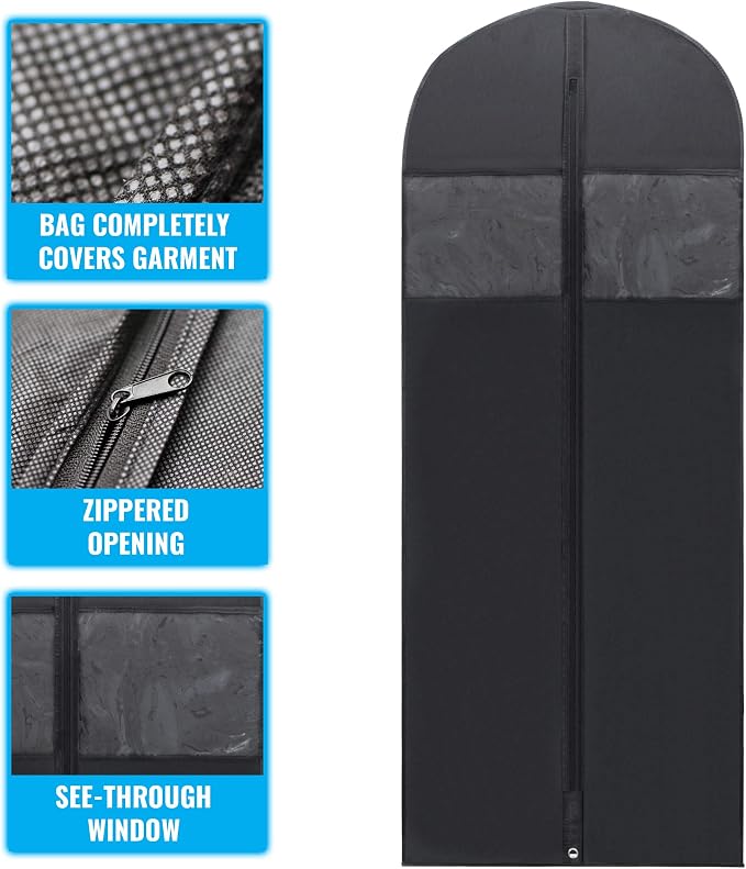 Plixio 60” Black Garment Bags for Hanging, Men Suit Bag for Travel and Clothing Closet Storage of Women Dress, Shirts, Coats, Suit Cover - Includes Zipper and Transparent Window (Black - 24 pack: 60")