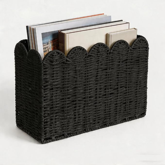 Black Paper Rope Magazine Holder, Tall Narrow Scalloped Basket | Handwoven Black Paper Rope Basket for Magazine Storage, Book Basket, Mail Organizer, File Holder 15"L x 6"W x 11"H