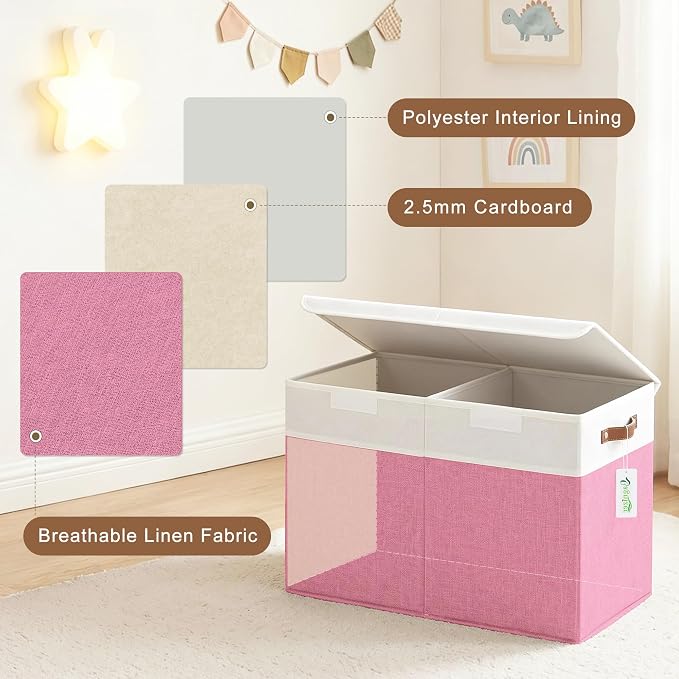Bagnizer Large Toy Storage Box with Lids, Collapsible Sturdy Baby Storage Organizer Chest Bin Basket for Kids, Boys, Girls, Playroom, Nursery, Bedroom, Closet 25"x13"x16" (Pink and White)