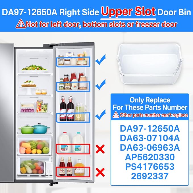 DA97-12650A Door Shelf Bin Only for Right Side Samsung Refrigerator Door Shelf Replacement for Samsung RF263BEAESR RF261BEAESR RF260BEAESR Door Bin for Samsung Fridge Door Shelves With 5 Fridge Magnet