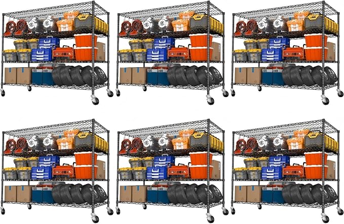 Heavy Duty Garage Shelving with Wheels: 55.5" W x 24" D x 81" H 4 Tier Wire Metal Storage Shelves, Adjustable NSF Commercial Shelf, Rolling Tote Rack Organizer for Pantry, Warehouse, 6PCS