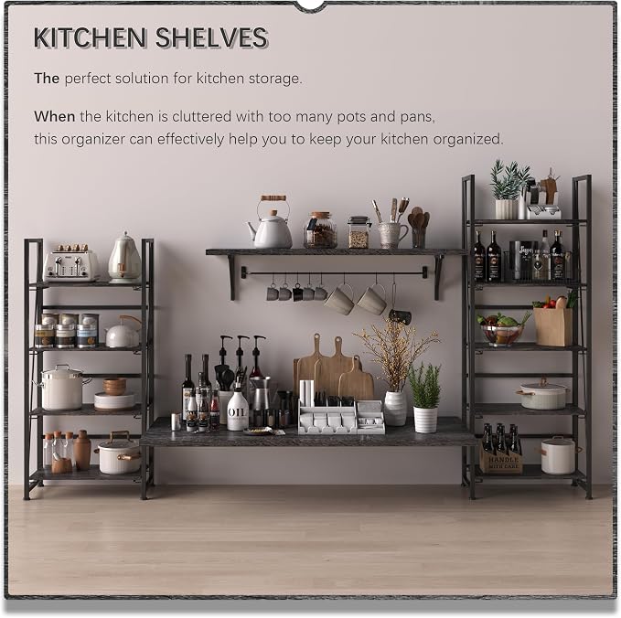 4NM No Assembly Folding Bookshelf Storage Shelves 4 Tiers Vintage Bookcase Standing Racks Study Organizer Home Office (Gray Black)