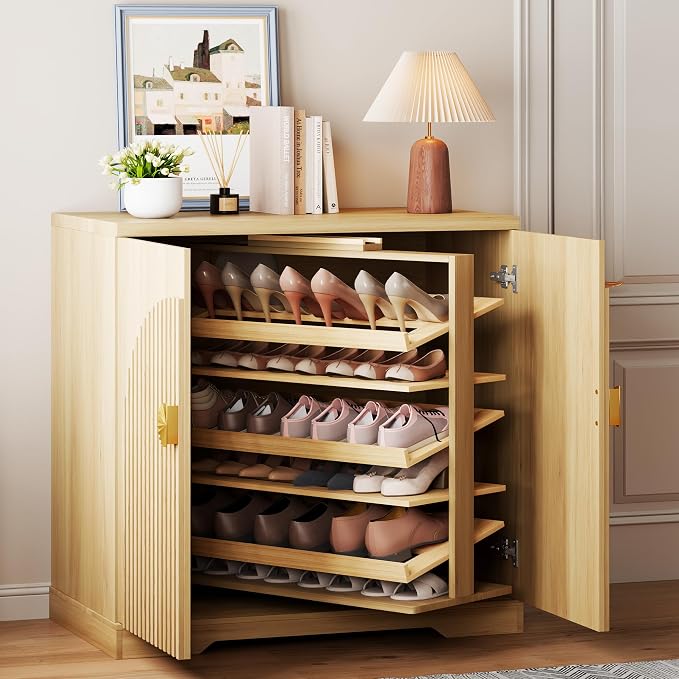 Vlsrka Rotating Shoe Storage Cabinet with Doors and 6 Tier Shelves, Wood | Suitable for 18 Pairs Shoe Organizer, Freestanding, Pull Out Shoe Rack, Wooden Entryway Cabinet for Hallway, Closet, Indoor