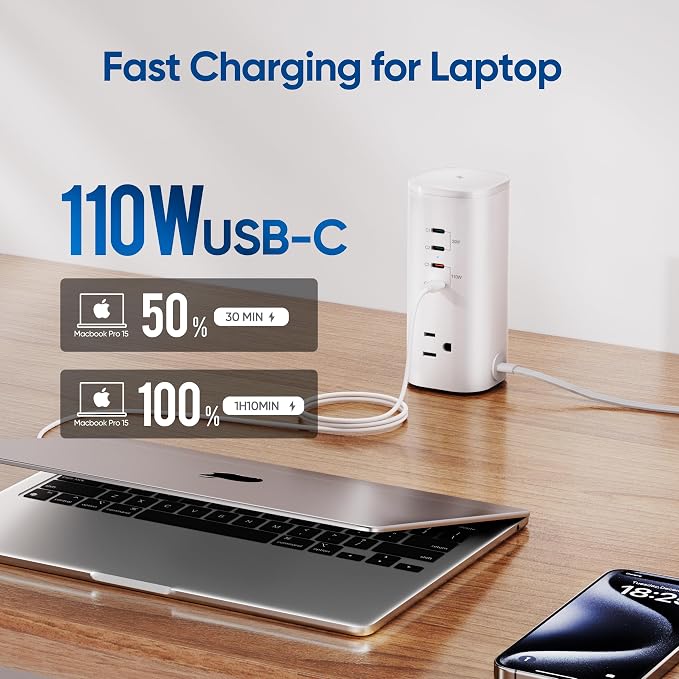 160W Fast Charging Station, TenTrend Power Strip Tower, 5FT Extension Cord | Charging Tower with 3AC Outlets & 8 USB Ports(4 USB-C), Foldable 15W Charging, Dorm, Office Desk Supplies