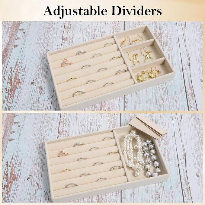 Jewelry Box Insert Organizer for Drawer, Stackable Trays Velvet Jewelry Drawer Inserts, Ring Earring Stud Necklace Holder Display Storage Case(Beige, 8.3 x 4.9in)