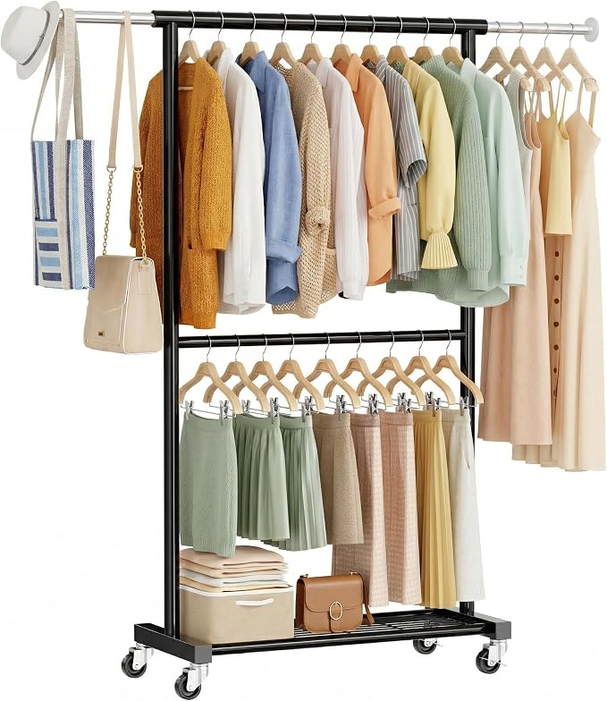 Standard Clothes Rack, Rolling 50“L Clothing Garment Rack with Mesh Shelves on Wheels, Adjustable Portable Wardrobe Rack for Bedroom, Laundry Room, Black