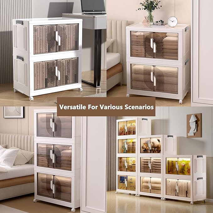 Kozyard Foldable Storage Bins with Lids Stackable Storage Bins with Doors and Wheels Magnetic Dual-Opening Doors Storage Containers for Bedroom, Living Room, Closet, Laundry (White-3Pack)