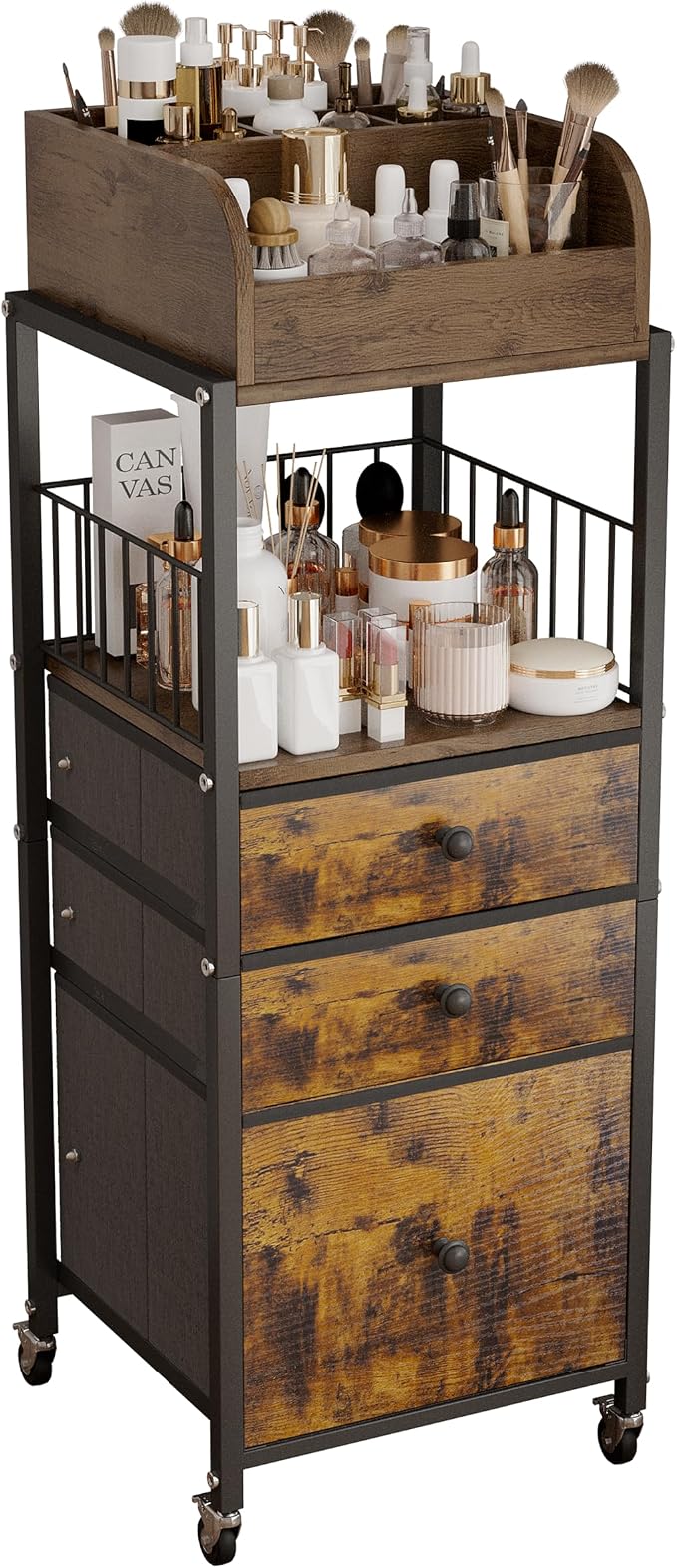 Makeup Organizer Cart with Drawers, Make up Organizers for Vanity, Floor Skincare Organizers- for Cosmetics, Nail Polish, Art Supply, Bathroom Vanity Desktop Organizer (Black)