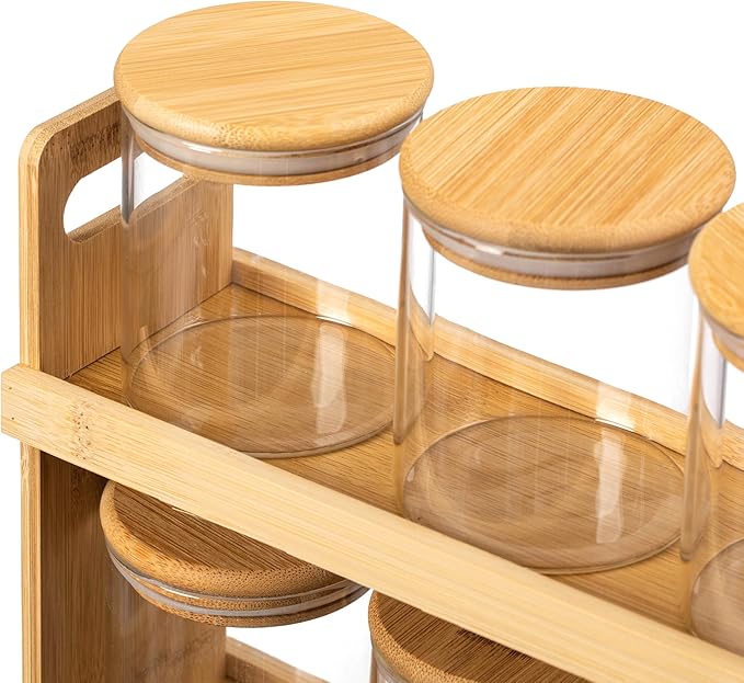 Basicwise Versatile 2-Tier Bamboo Spice Rack and Pantry Organizer with 6 Glass Jars – Perfect for Countertop Storage in Kitchens to Keep Seasoning Containers Neatly Displayed and Easily Accessible