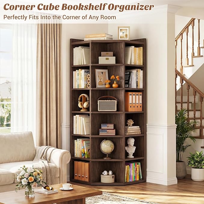 Aheaplus Corner Cube Book Shelf, 7-Tier Corner Storage Cabinet with Top Table, Corner Cube Shelf for Small Space, Wooden L Shaped Cubby Bookcase for Home Office, Bedroom, Living Room, Black Walnut