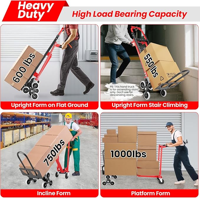 3 in 1 Convertible Hand Truck, 1000LBS Heavy Duty Aluminum Stair Climbing Dolly, Folding Hand Truck Dolly Cart with Solid Wheels for Moving/Travel/Office (Red)