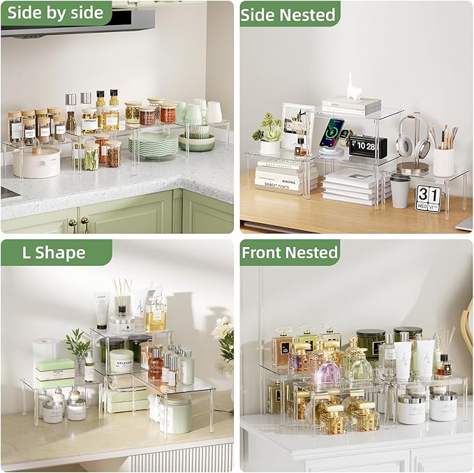 Delamu Clear Kitchen Cabinet Organizer, Set of 4 Acrylic Shelf Organizer for Cupboard Organizers and Storage, Stackable Cabinet Shelf for Plate, Dish, Bowl, Cup & Mug, 11.7" W x 7.7" D x 6.3" H