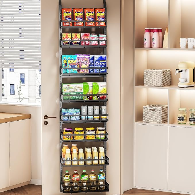 PureBox 8-Tier Over the Door Organizer, Heavy-Duty Metal Hanging Storage Rack with Adjustable Baskets, Door-Mounted Pantry Organizer for Kitchen, Bathroom, Laundry Room, Spices, Snacks & Toiletries