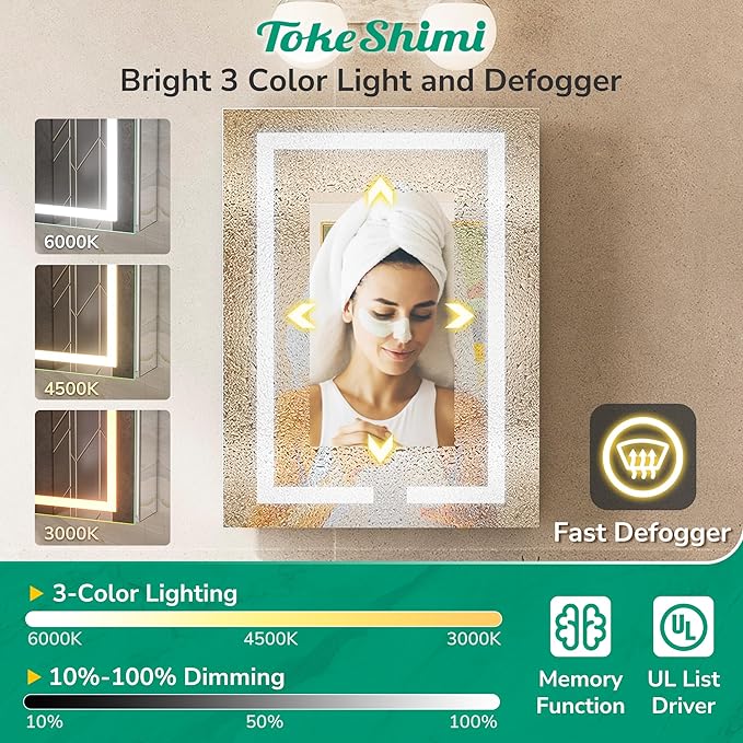 TokeShimi 20x26 Lighted Medicine Cabinet Mirrored Surface Mount 3 Color Dimmable, Anti-Fog Recessed Medicine Cabinet Mirror with Light and Outlet, 2-Side Led Bathroom Mirror with Storage