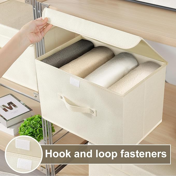 Storage Boxes, Collapsible Storage Bins with Lids, Cotton and linen cloth Storage Baskets with Handle, for Books, Closet, Bedroom, Home, 13x9.1x7.9 in, Beige