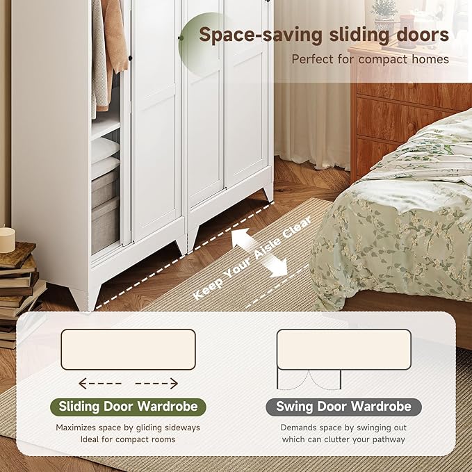 Letaya Armoire Wardrobe Closet,20" Deep Armoire Wardrobe Cabinets with Sliding Doors and Shelves,Narrow Slim Coat Closet Cabinet with Hanging Rod for Home (White)