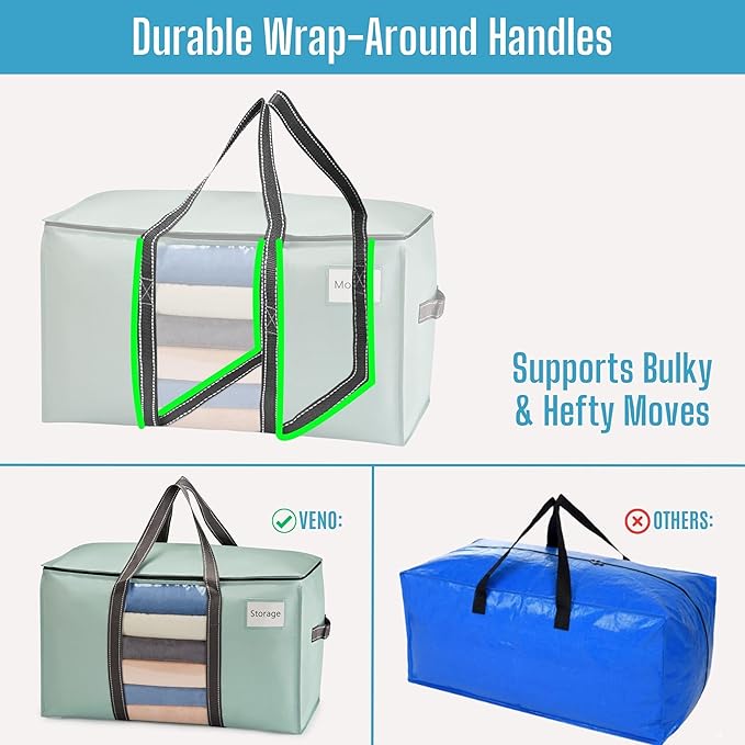 VENO 8 Pack Moving Bags with Clear Window, Heavy Duty Storage Bins with Lid, Around Handles, Tag, Zippers, Extra Large Totes Packing Moving Boxes Supplies for College Dorm Clothes (Light Green)